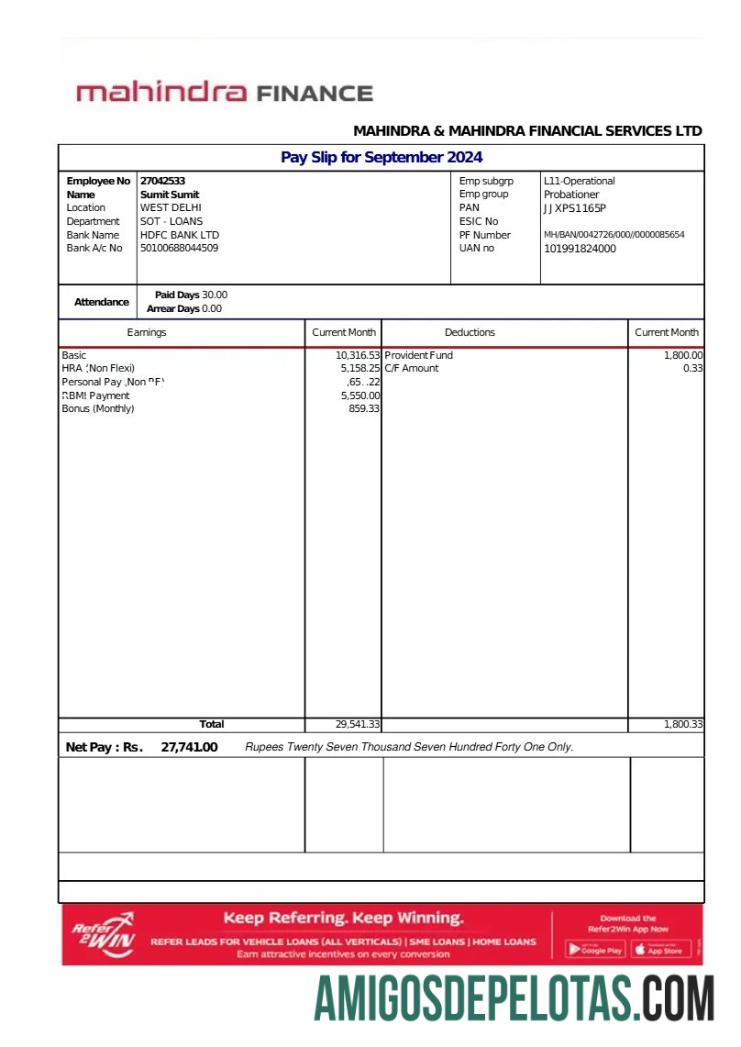 Realista Modelo de recibo de pagamento da Mahindra Financial Services LTD em formatos Word e PDF.pdf, 1